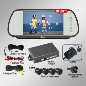 Kit espejo retrovisor de 7" + sensores + camara de retroceso  marca GENIUS modelo G-VPS03-RC7 